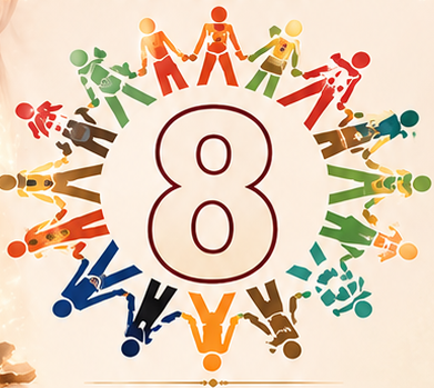 UN SDG Goal 8 — Decent Work and Economic Growth, diverse figures united in a circle